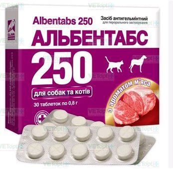 Антигельмінтик Альбентабс-250 O.L.KAR зі смаком м'яса 25% 30 таб/упаковка 1643 фото