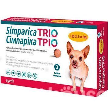 Жувальні таблетки від бліх, кліщів, глистів Simparica Trio для собак 1.25-2,5кг, 1 таблетка трио25 фото